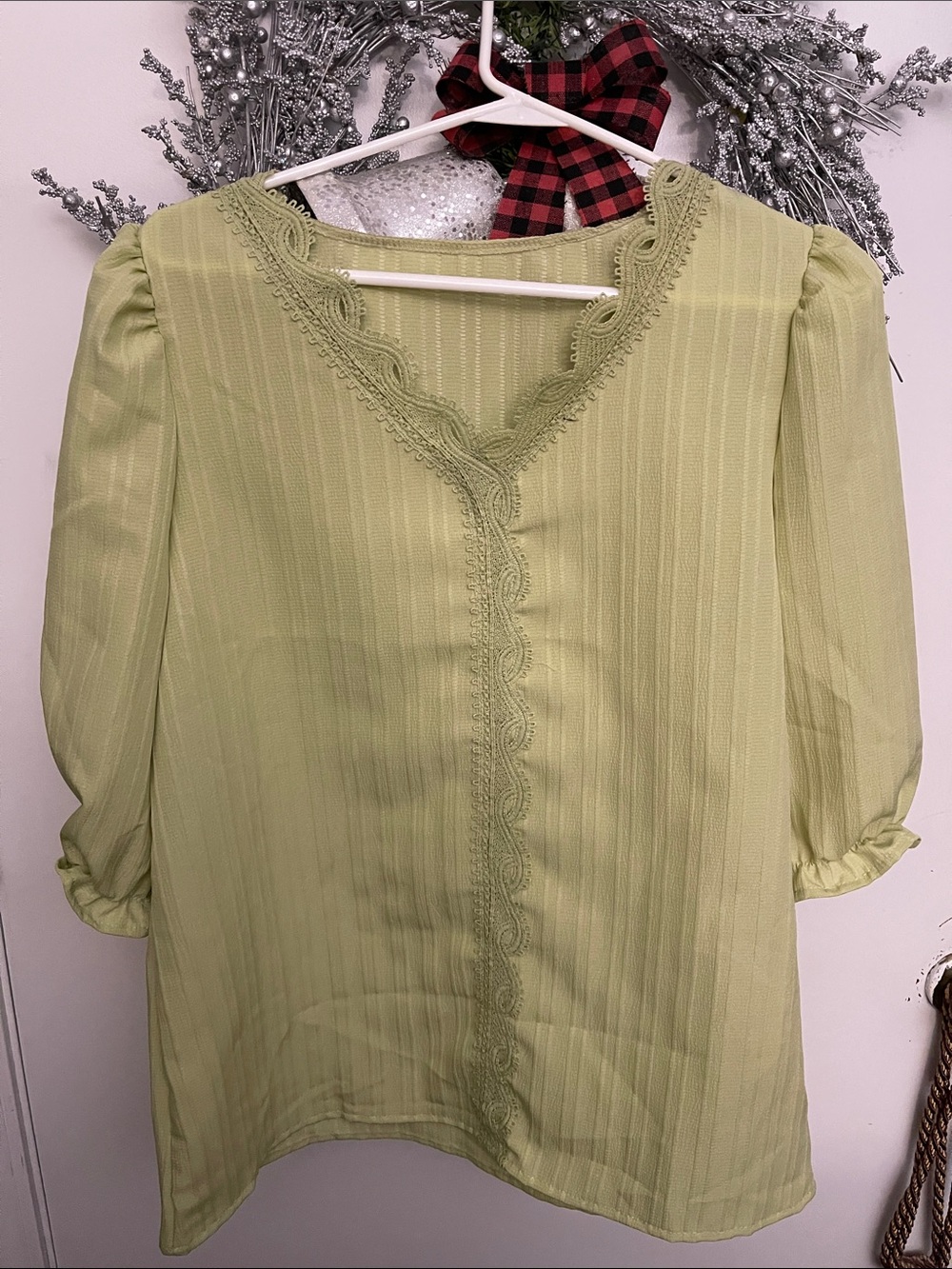 Light Green Lace-Trim V-Neck Women's Top